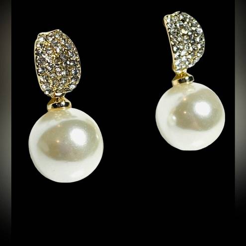 Charter Club NEW  Pearl Drop EARRINGS 1" Pave Crystal & Faux Pearl Post Back Gold