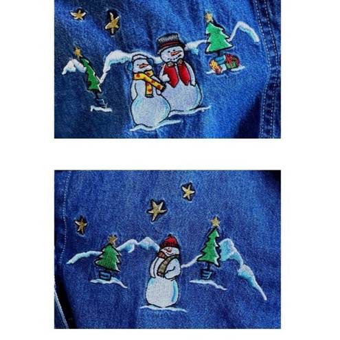 Basic Editions  Plus Snowman Denim Shirt 18W Blue Embroidered  Vintage Ch…