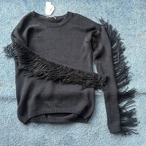 The Moon  & Meadow black sweater fringe along arms fun poly nwt slight pulls as pic