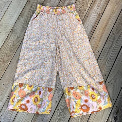American Eagle  Women's Yellow Floral Wide Leg Pull On Pants Size XL