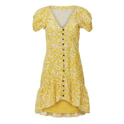 Wish Golden Bloom Floral Short Sleeve Dress V-Neck Ruffle Hem Mustard Yellow szL