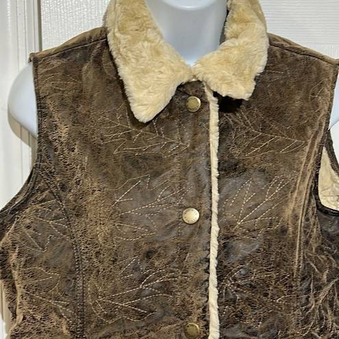 Woolrich  Saddle Brown Leaf Embroidered Faux Sherpa Lined Vest Jacket Sz M