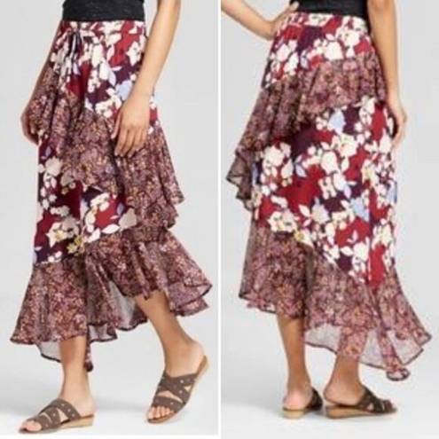 Mossimo Burgundy Floral Ruffle Midi Skirt Size M