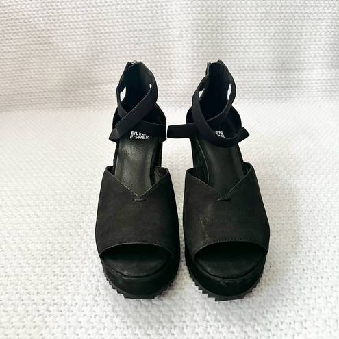 Eileen Fisher  Wylee Black Suede Peep Toe Platform Wedge Heel Sandals 7