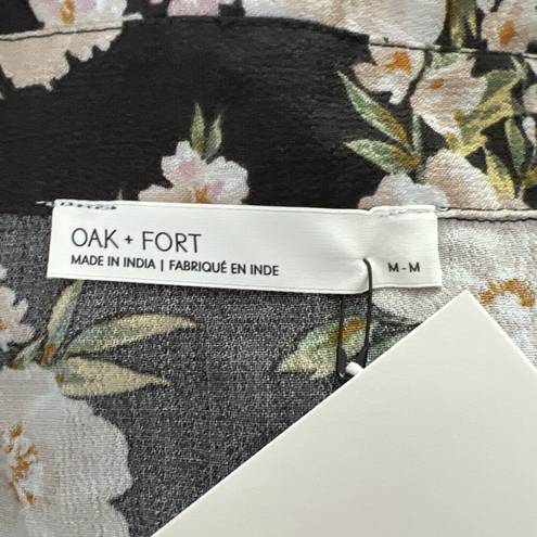 Oak + Fort  Shirt Womens Medium Black Cream Floral Flowers Ruched Tie Front Bloom