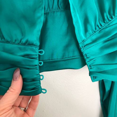 Slate + Willow  Green Satin Crop Top Long Sleeve Open Back Big Bow