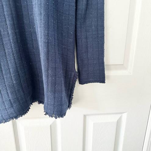 CAbi  Navy Blue Duchess Speckled Confetti Hook Closure Fringe Trim Long Cardigan