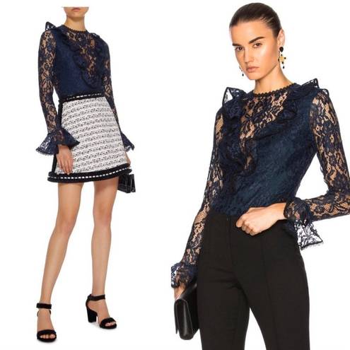 Alexis  Small Lace Bodysuit Long Ruffle Sleeve Pollie Navy Blue Black Flare Bell