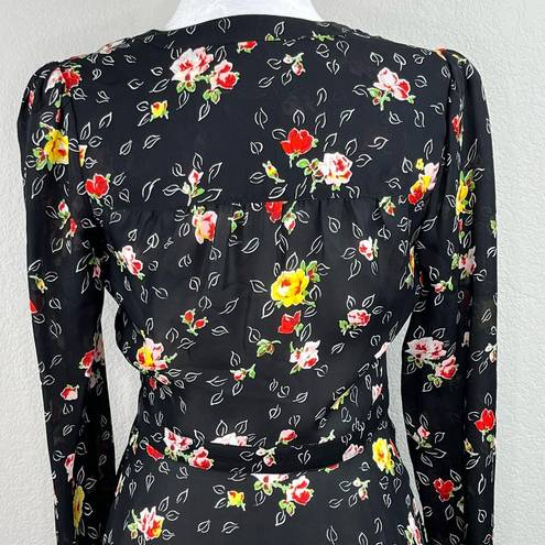 Veronica Beard  Kiona Black Floral Print Silk V-Neck Button Front Peplum Blouse 2