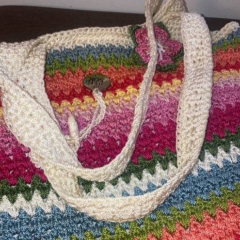 The Sak  Off White, Green, Pink, Red, & Blue Striped Crocheted Shoulder Bag Purse