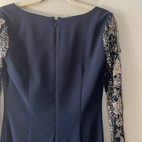 Badgley Mischka  Evening Gown Navy Blue Silver Accents Mesh Sleeves V-Neck Size 4