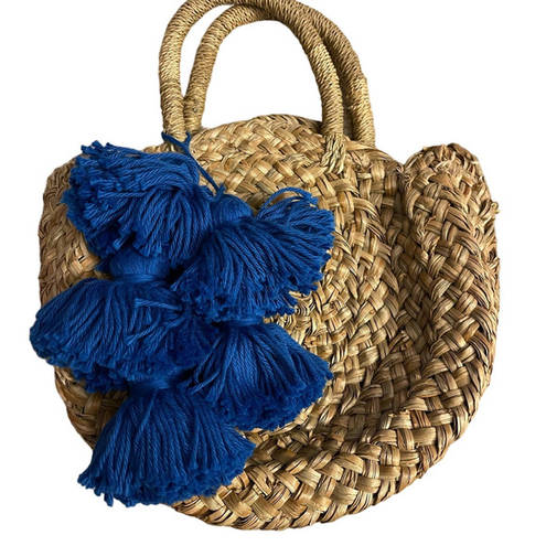 Krass&co Brunna . Rounded Small Straw Tote Purse with Blue Tassels