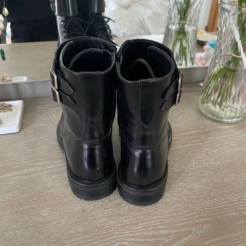 All Saints Donita Black Leather Combat Boots 37 Lace Up Zip Buckle Lug Sole