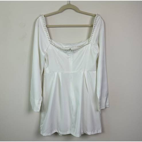 White Pearl Trim Mini Dress Long Sleeve Size Small Lightweight