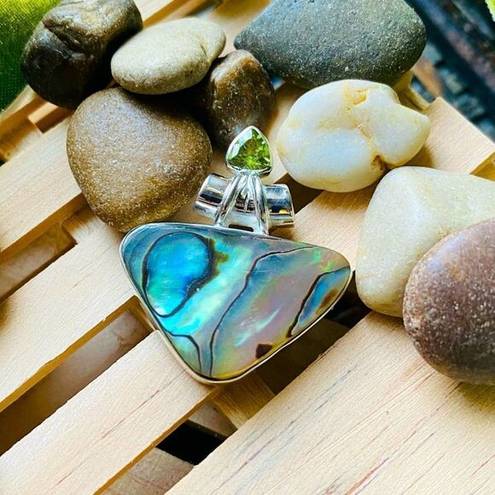 Sterling Silver Mermaids Dream Abalone & Peridot Solid  Pendant