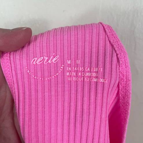 Aerie  Neon Pink One Shoulder Ribbed Rebel Tie Shoulder Cropped Tank