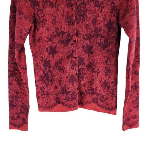 Rebecca Taylor  Floral Pearl Button Cashmere Cardigan Red Long Sleeve size M