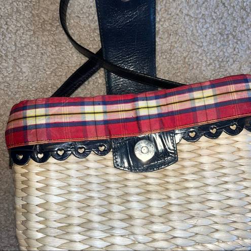 Brighton  straw plaid shoulder bag, long black leather strap, magnetic clasp
