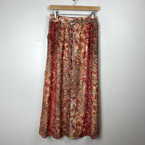 La Petite Etoile Patchwork Floral Print Midi Skirt Size S Button Front Slit Boho