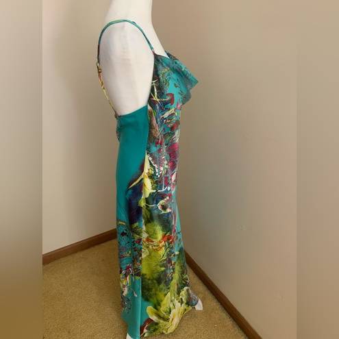 Natori  Teal and Floral Silky Chemise Slip Dress with Draped Neckline Size Small