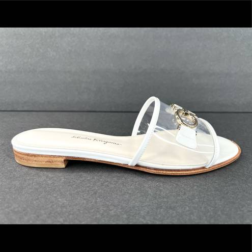 Salvatore Ferragamo  Rhodes Pvc Gancini Logo White Leather Flat Sandals Size US 5