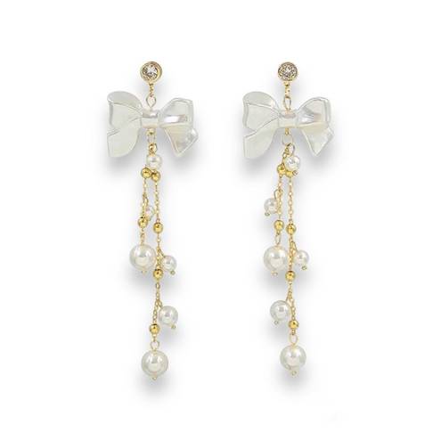 Elegant Bow White Pearl Dangle Drop Earrings for Women Gold