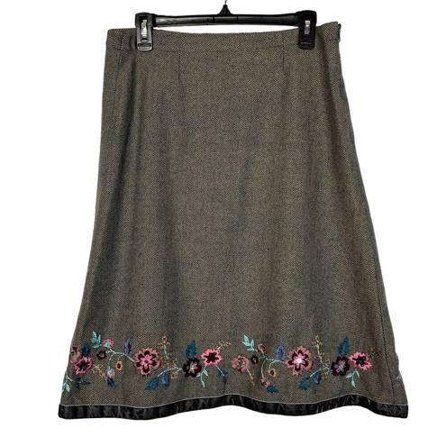 Coldwater Creek  Tweed skirt Floral Embroidery Tan Green Velvet Trim Small