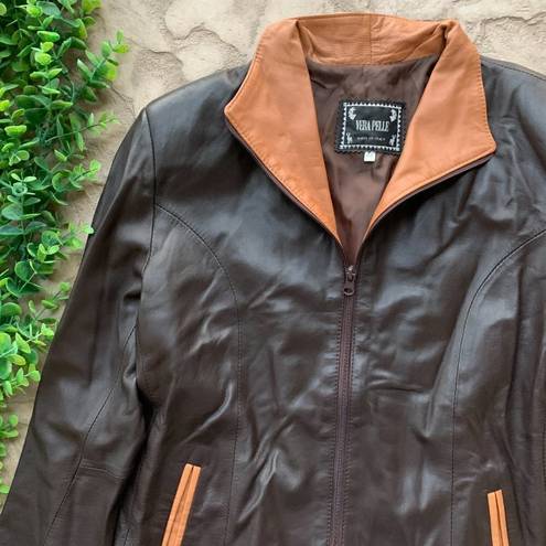 Vera Pelle  Italy Genuine Leather Zip Moto Jacket Dark Brown Tan Size IT 44 US 10