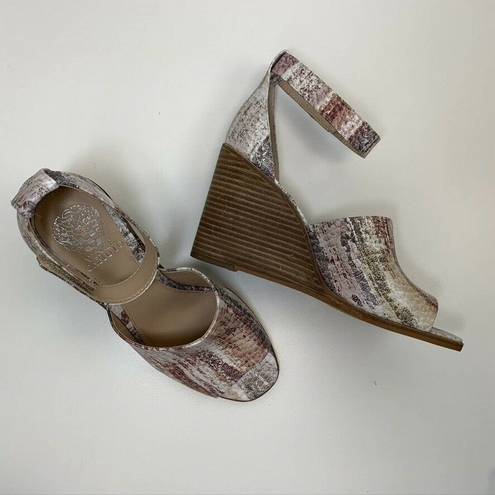 Vince Camuto  Deedriana Pink Leather Snake Print Wedge Ankle Strap Sandals US 8.5