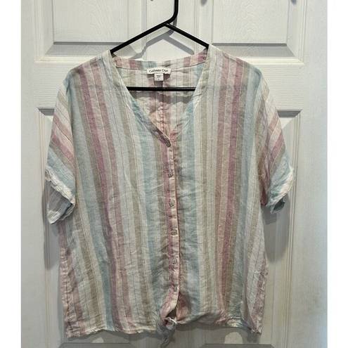 Coldwater Creek  100% Linen Blouse Size Large Striped Tie Full Button Front