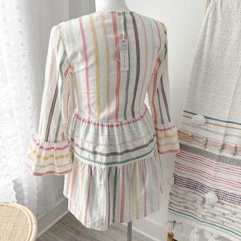 PilyQ  Morgan White Multistripe Embroidered Long Bell Sleeves Beach Mini Dress M