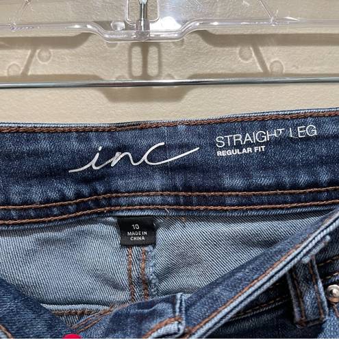 INC  Straight Leg Cropped Leopard Print Patched Raw Hem Denim Blue Jeans Size 10