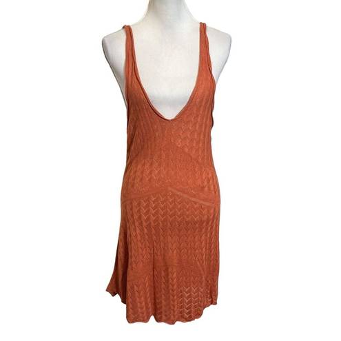 Free People  Slipping Away Mini Dress Ginger Spice V Neck Knit Womens Size L New