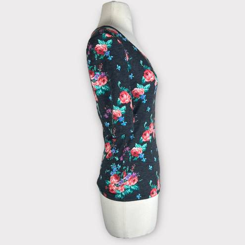 Kirra  | Floral 3/4 Sleeve Multi-Colored Exposed Zipper Accent Top Medium