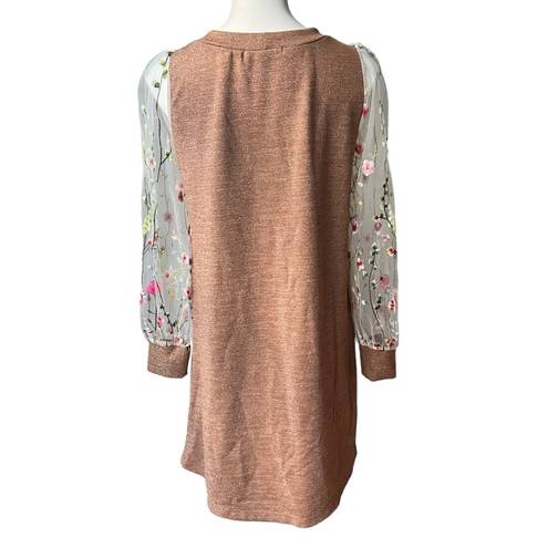 Renee C . Brown Metallic Dress with Sheer Mesh Embroidered Long Sleeves; Sz M