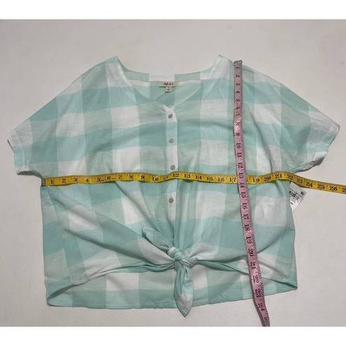Style & Co . Gingham Tie Front Short Sleeve Button Up Linen Top Mint White Medium