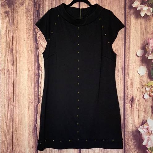 Sharagano cap sleeve black shift dress with gold stud detail