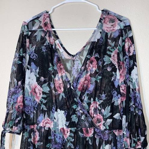 Bongo  Floral Print Rose V Neck Open Sheer Dress Swimsuit Cover Up Beach