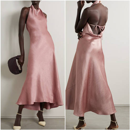 Vince NEW $495  Open back Satin Halterneck Maxi Dress in Baby Pink