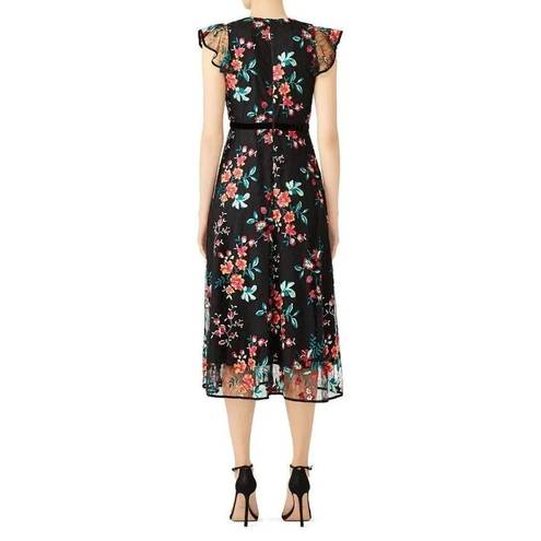 Hunter Bell  Black Floral Printed Lace Flutter Sleeves V-Neckline Midi Dress 10