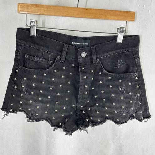 The Kooples  Studded Denim  Distressed Fray Cheeky Mini Shorts Black