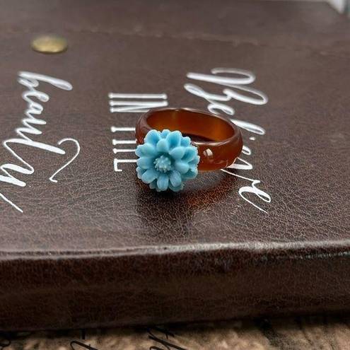 Daisy Baby Blue  Floral Brown Agate Bohemian Size 7 Ring