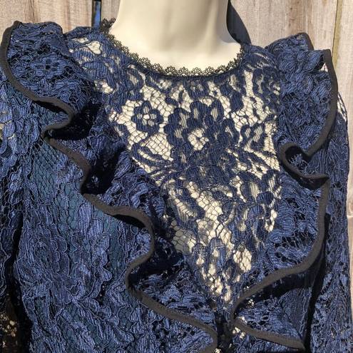 Alexis  Small Lace Bodysuit Long Ruffle Sleeve Pollie Navy Blue Black Flare Bell