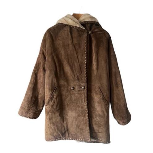 EXPRESS Vintage  Suede Leather Parka Jacket Hooded Faux Fur Lining Oversized OS