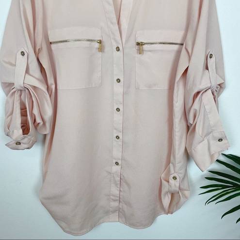 Calvin Klein  Pink Zip-Pocket Roll Sleeve Blouse