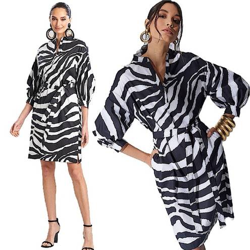 Natori  Zebra Cotton Poplin Balloon Sleeve Belted Shirtdress Size Medium