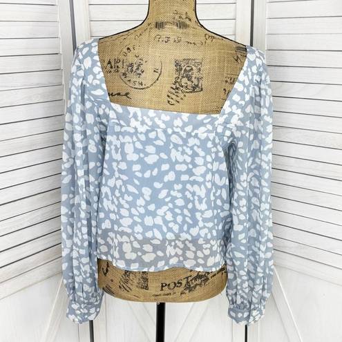 Petal Lucca  Print Square Neck Crop Blouse Blue White Large Long Balloon Sleeve