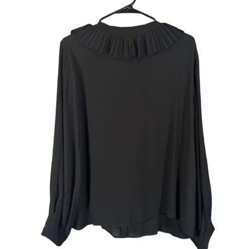 Mango  Black Ruffled Trim Long Sleeve Linen Blend Career Blouse Women Sz 8