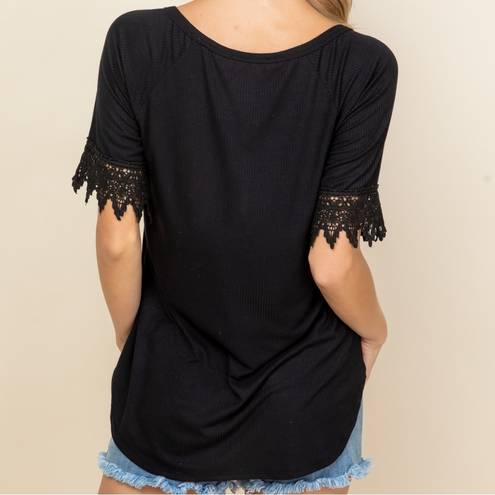 a.gain  Black Plus Size Lace Trimmed Short Sleeve Henley Top 1X 2X 3X