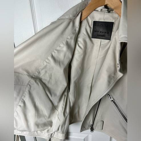 All Saints Leather Biker Balfern Belted Hem Zip Up Long Sleeve Jacket Ivory 10